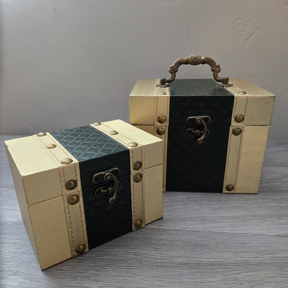Vintage Gold Green Jewelry Box Set Small Large Trunk Style Studded Decor Brass
